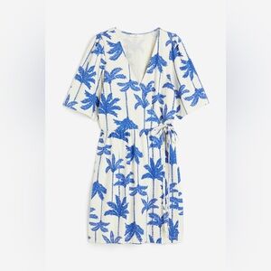 H&M Cream & Blue Palm Tree Cotton Jersey Wrap Dress, Size Large
